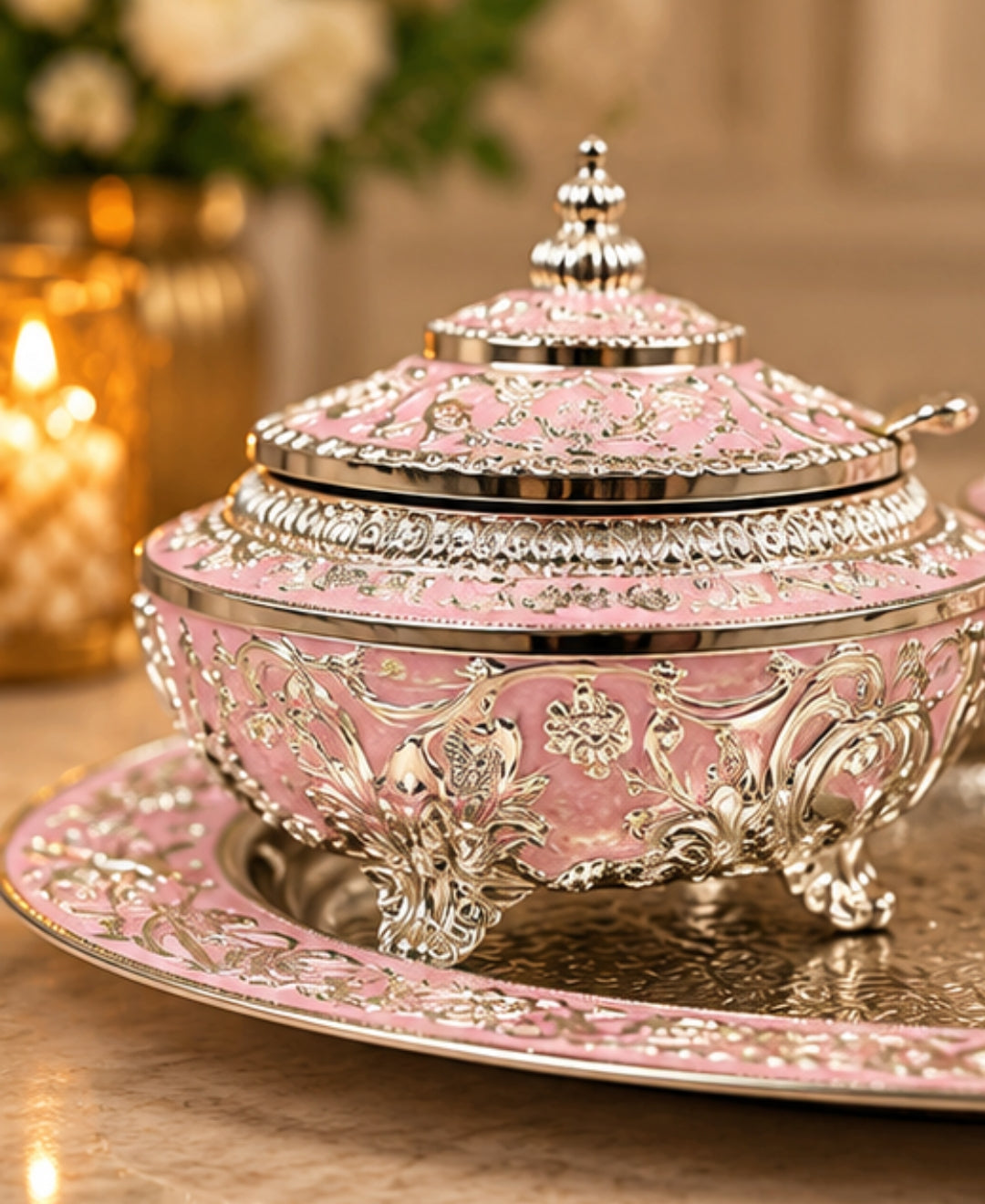 German Silver Bagh-e-Mayur Trio (Set of 3) –Lilac Pink Enamel Oval Tray with 2 Lidded Peacock Bowls