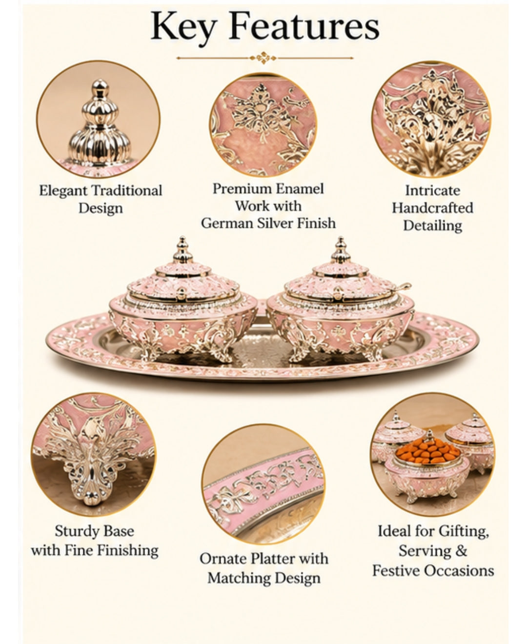 German Silver Bagh-e-Mayur Trio (Set of 3) –Lilac Pink Enamel Oval Tray with 2 Lidded Peacock Bowls