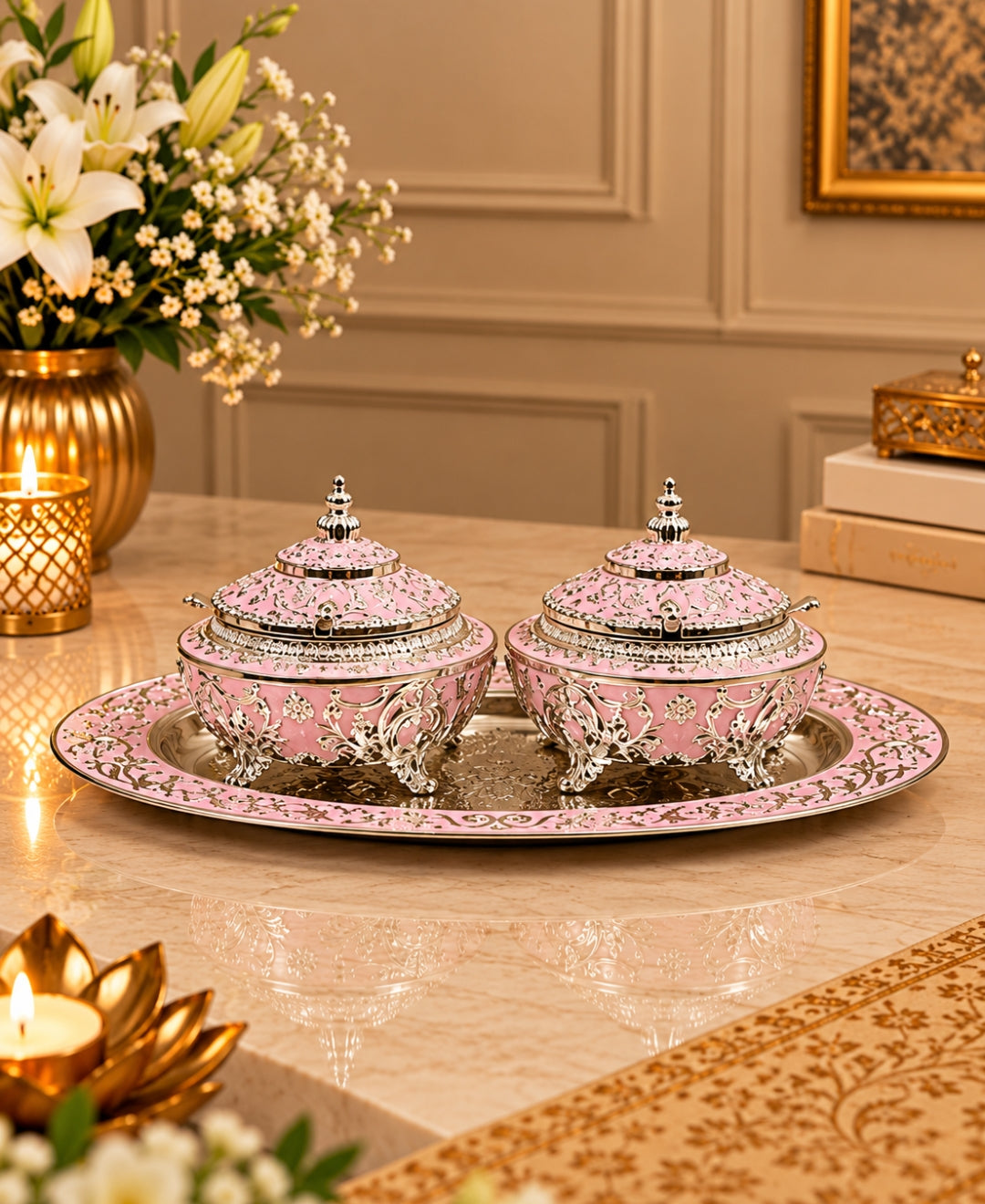 German Silver Bagh-e-Mayur Trio (Set of 3) –Lilac Pink Enamel Oval Tray with 2 Lidded Peacock Bowls