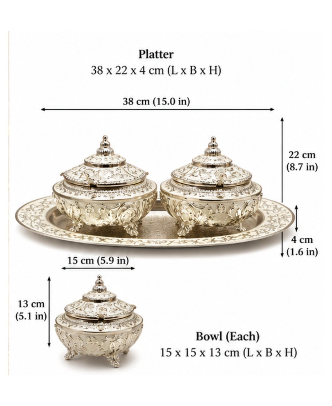 German Silver Bagh-e-Mayur Trio (Set of 3) – Pearl White Enamel Oval Tray with 2 Peacock Lidded Bowls