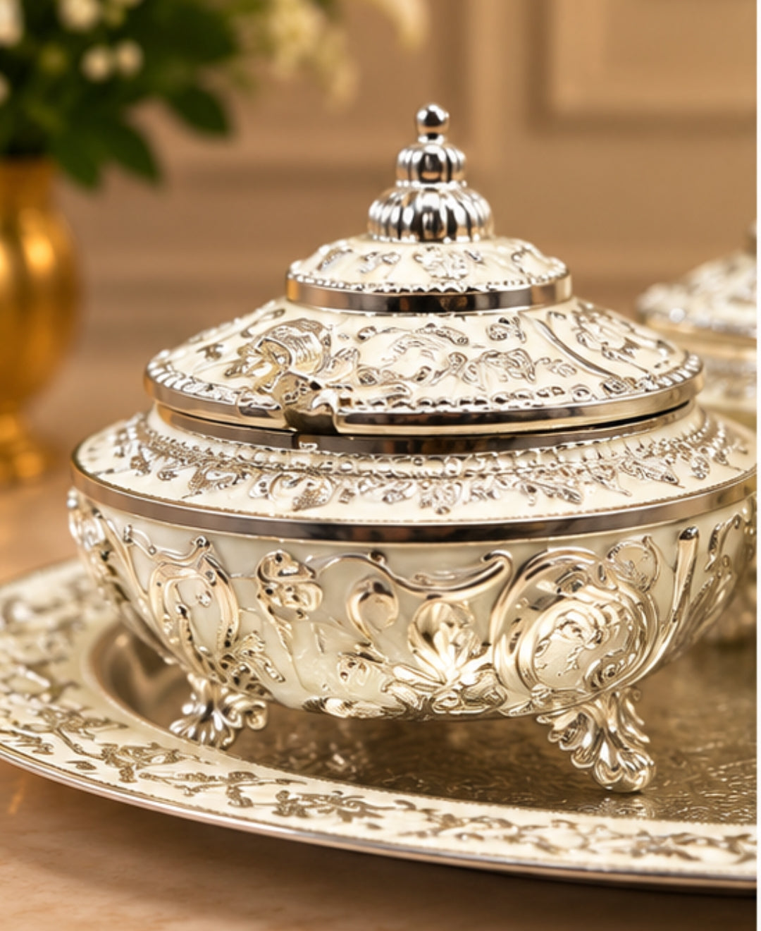 German Silver Bagh-e-Mayur Trio (Set of 3) – Pearl White Enamel Oval Tray with 2 Peacock Lidded Bowls