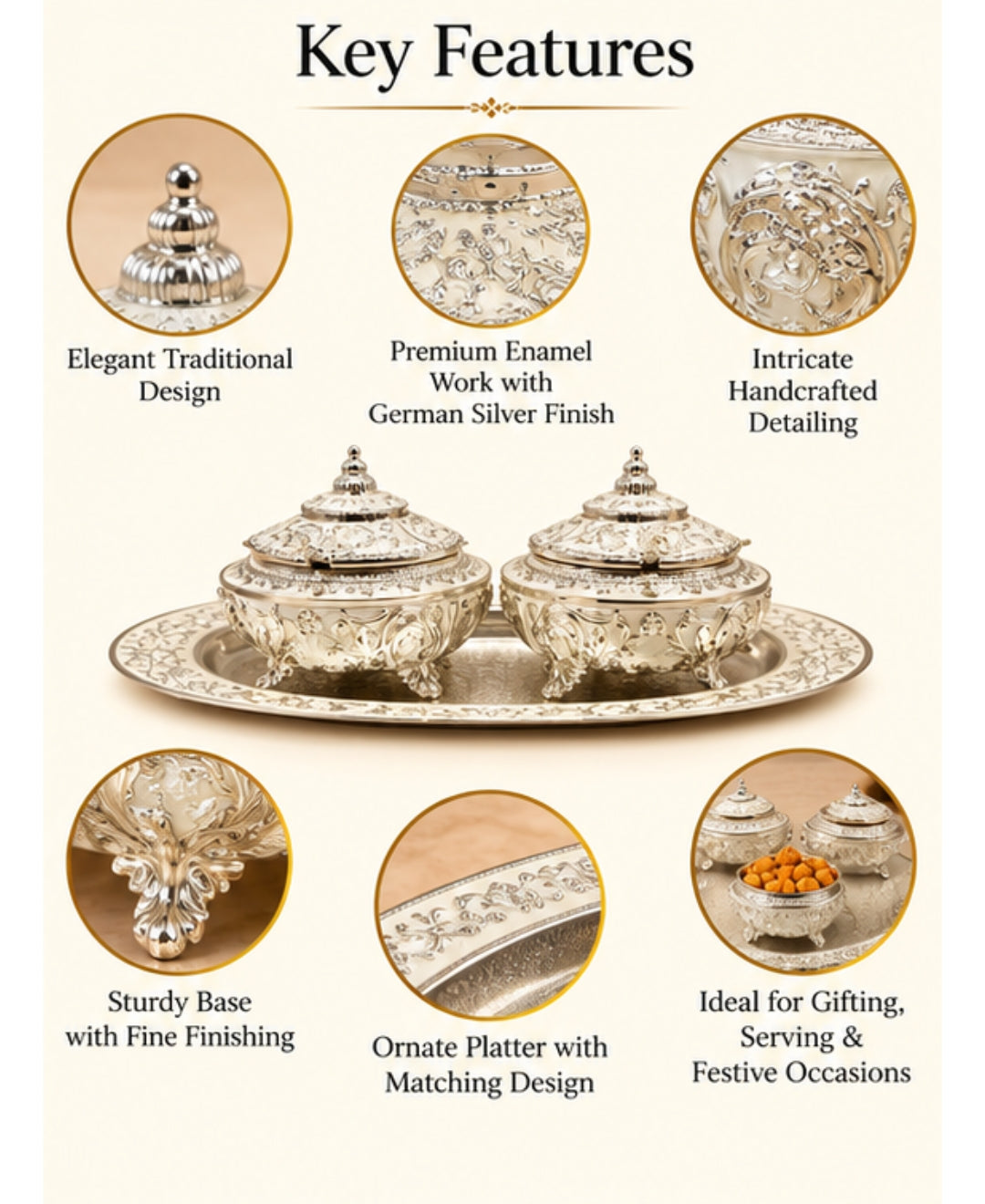 German Silver Bagh-e-Mayur Trio (Set of 3) – Pearl White Enamel Oval Tray with 2 Peacock Lidded Bowls
