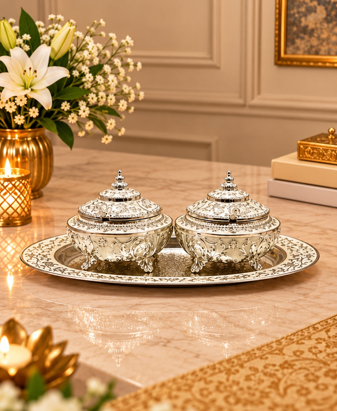 German Silver Bagh-e-Mayur Trio (Set of 3) – Pearl White Enamel Oval Tray with 2 Peacock Lidded Bowls