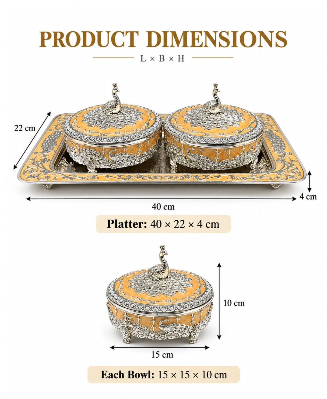 German Silver Mayur Darbar Platter (Set of 3) – Saffron Orange Enamel Rectangular Tray with 2 Lidded Bowls