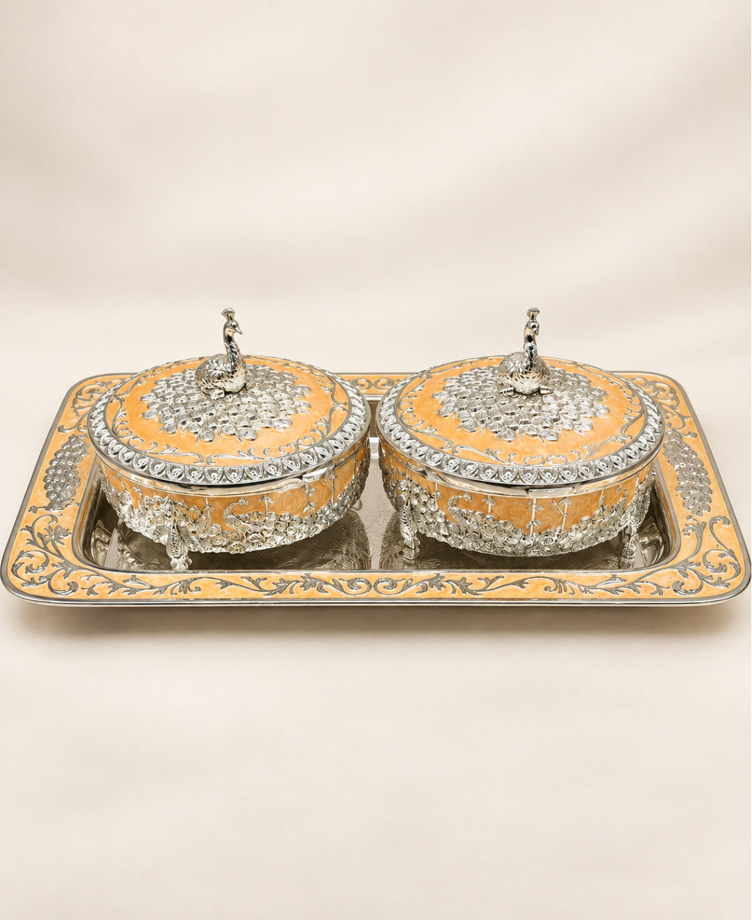 German Silver Mayur Darbar Platter (Set of 3) – Saffron Orange Enamel Rectangular Tray with 2 Lidded Bowls