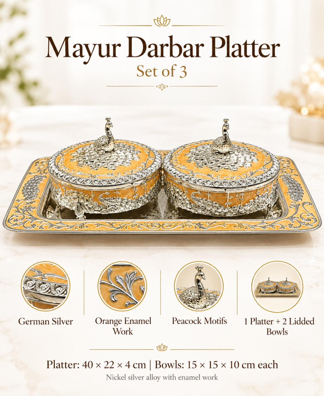 German Silver Mayur Darbar Platter (Set of 3) – Saffron Orange Enamel Rectangular Tray with 2 Lidded Bowls