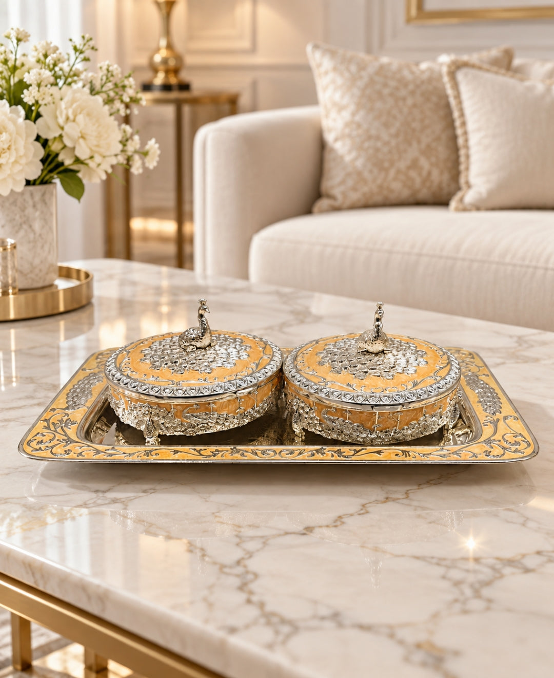 German Silver Mayur Darbar Platter (Set of 3) – Saffron Orange Enamel Rectangular Tray with 2 Lidded Bowls
