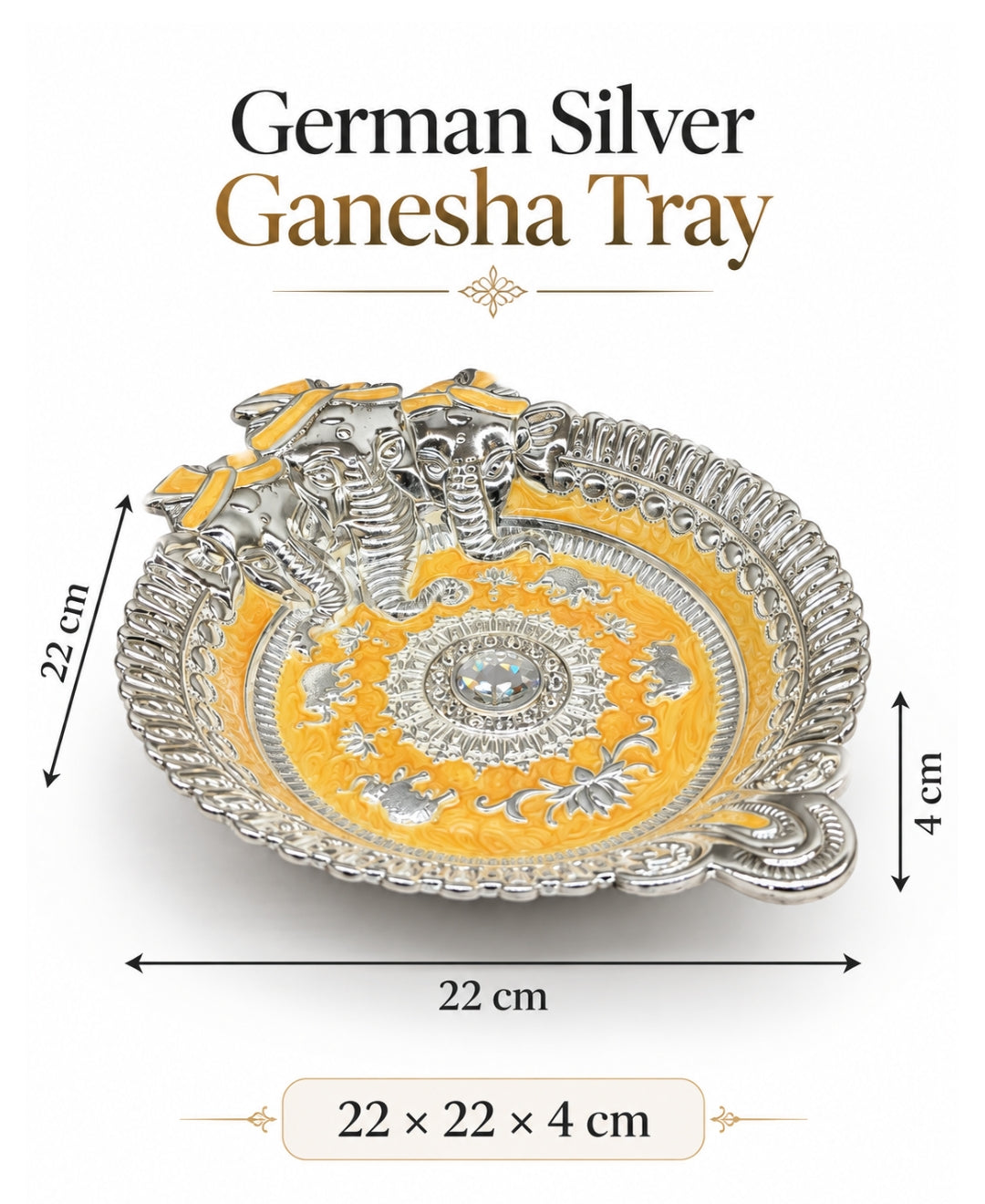 German Silver Ganesha Tray – Saffron Orange Enamel