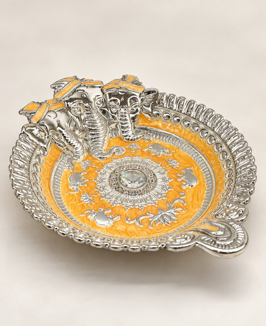German Silver Ganesha Tray – Saffron Orange Enamel