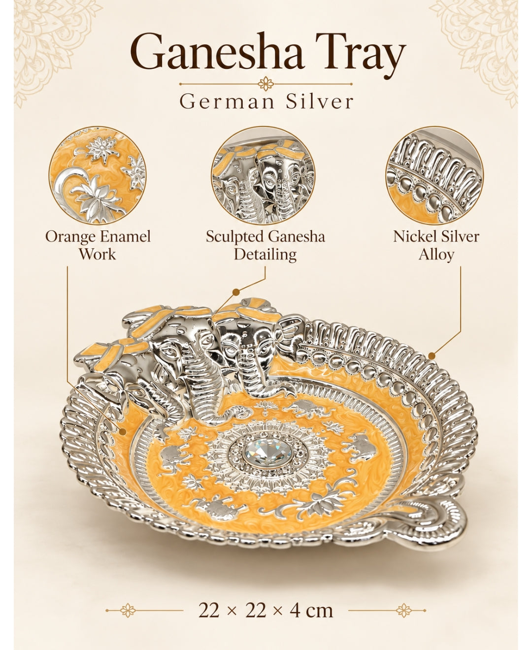 German Silver Ganesha Tray – Saffron Orange Enamel