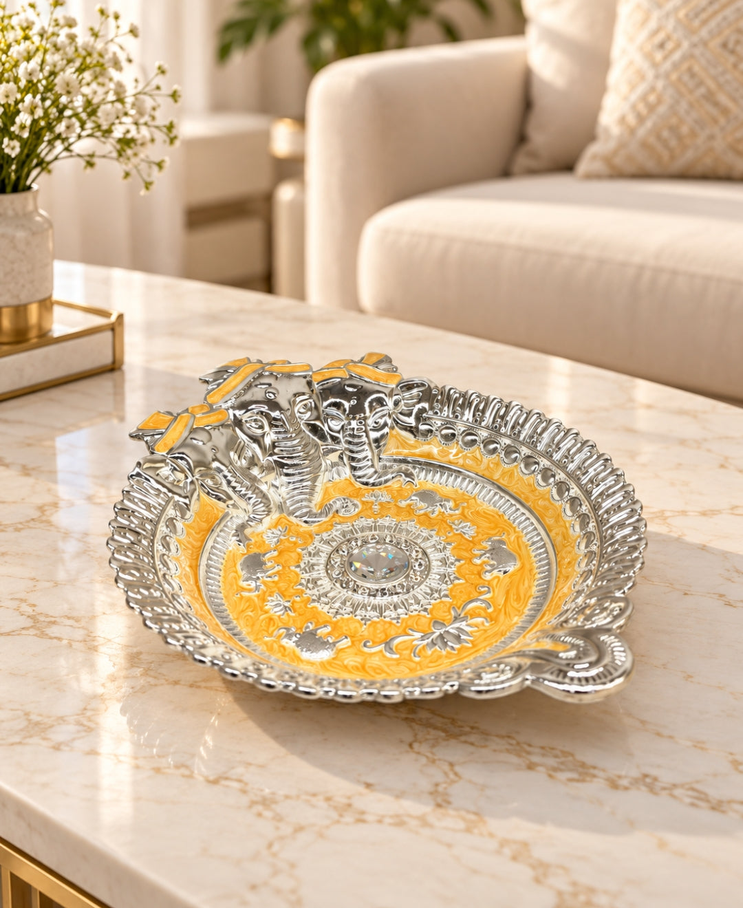 German Silver Ganesha Tray – Saffron Orange Enamel