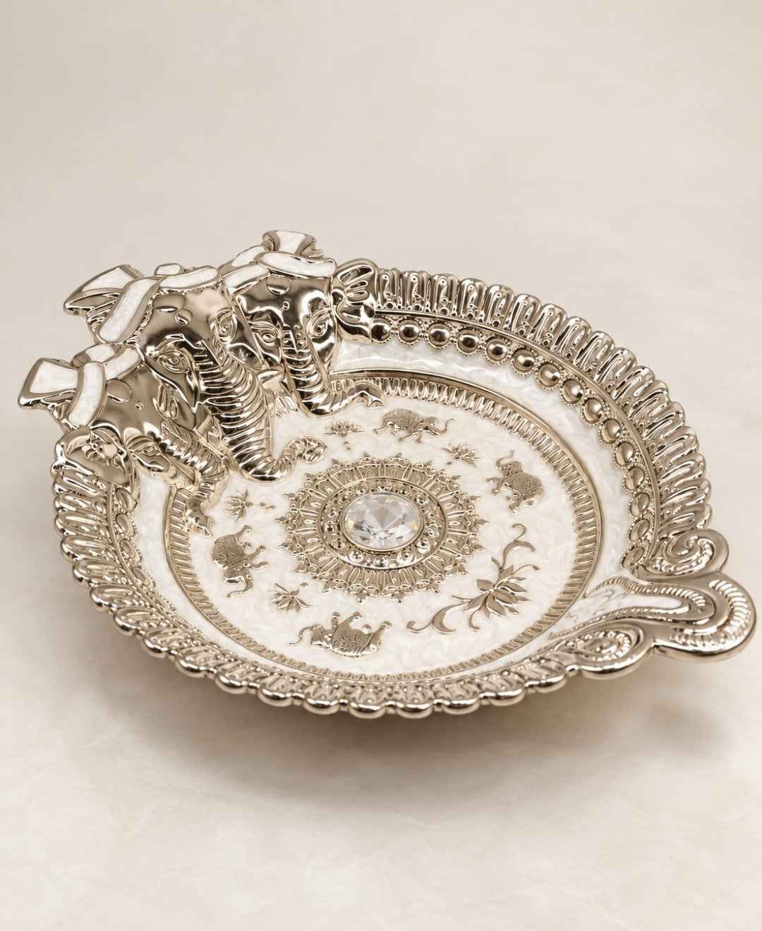 German Silver Ganesha Tray – Pearl White Enamel