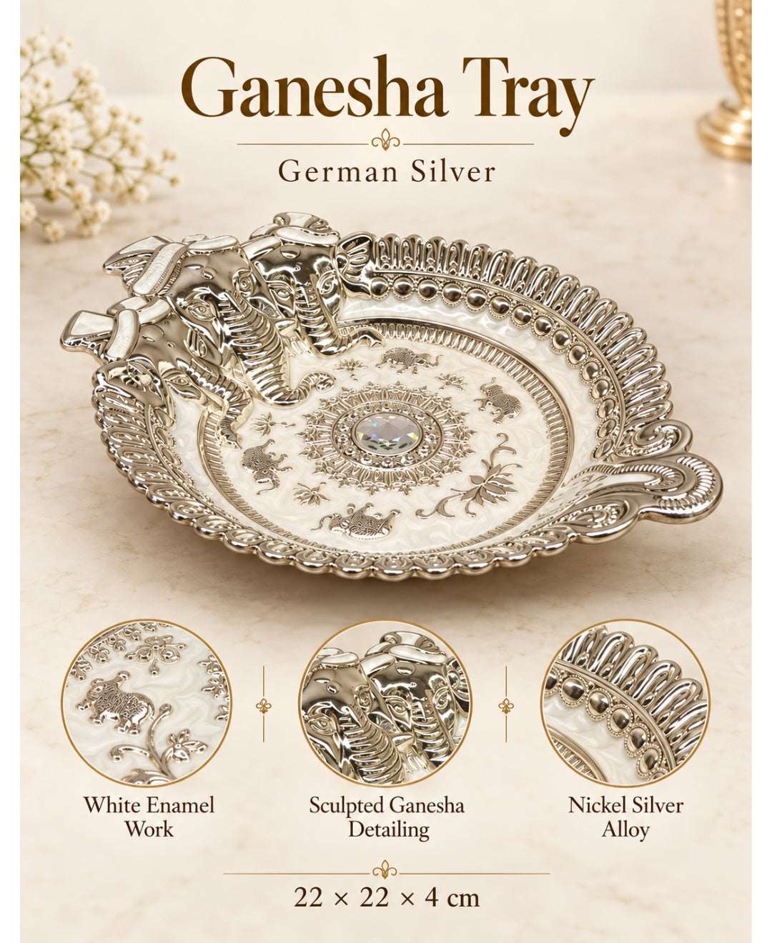 German Silver Ganesha Tray – Pearl White Enamel