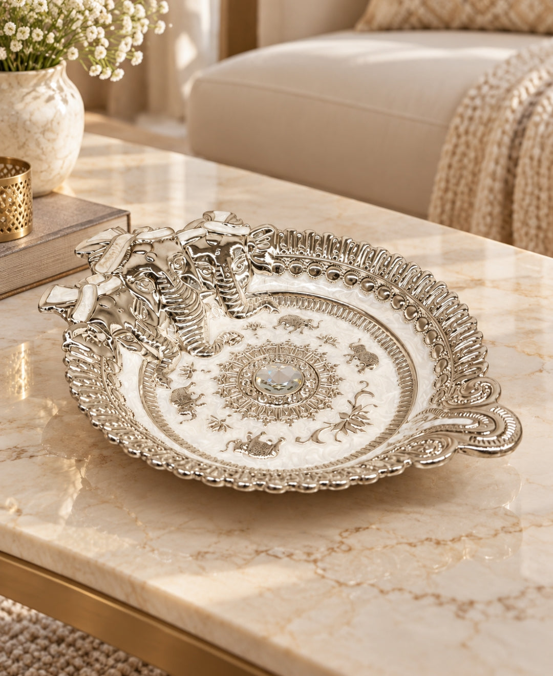 German Silver Ganesha Tray – Pearl White Enamel