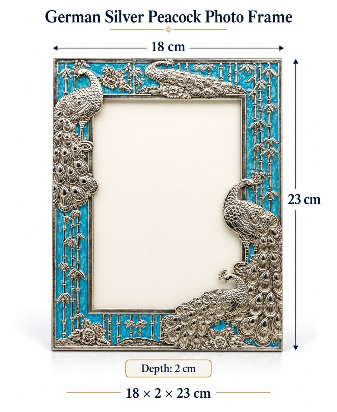 German Silver Peacock Photo Frame – Turquoise Blue Enamel