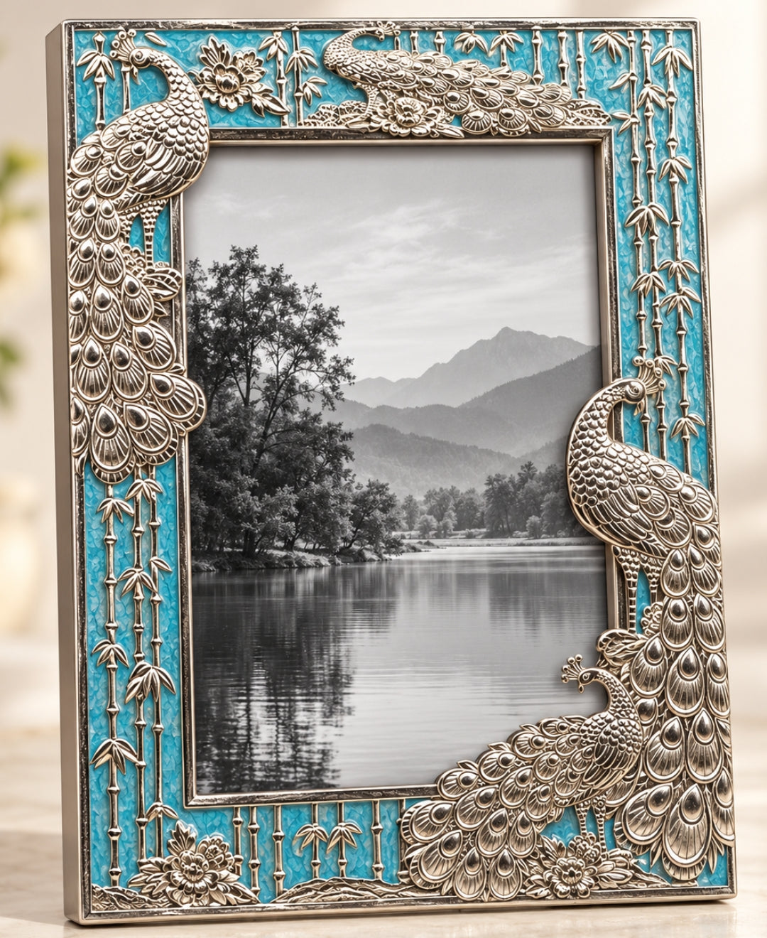 German Silver Peacock Photo Frame – Turquoise Blue Enamel