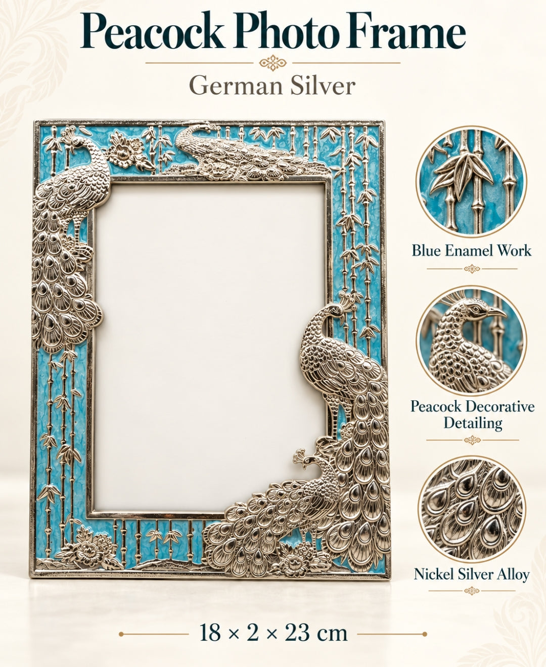 German Silver Peacock Photo Frame – Turquoise Blue Enamel