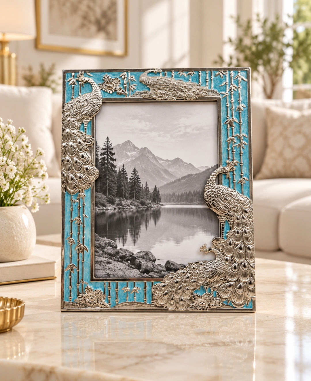 German Silver Peacock Photo Frame – Turquoise Blue Enamel
