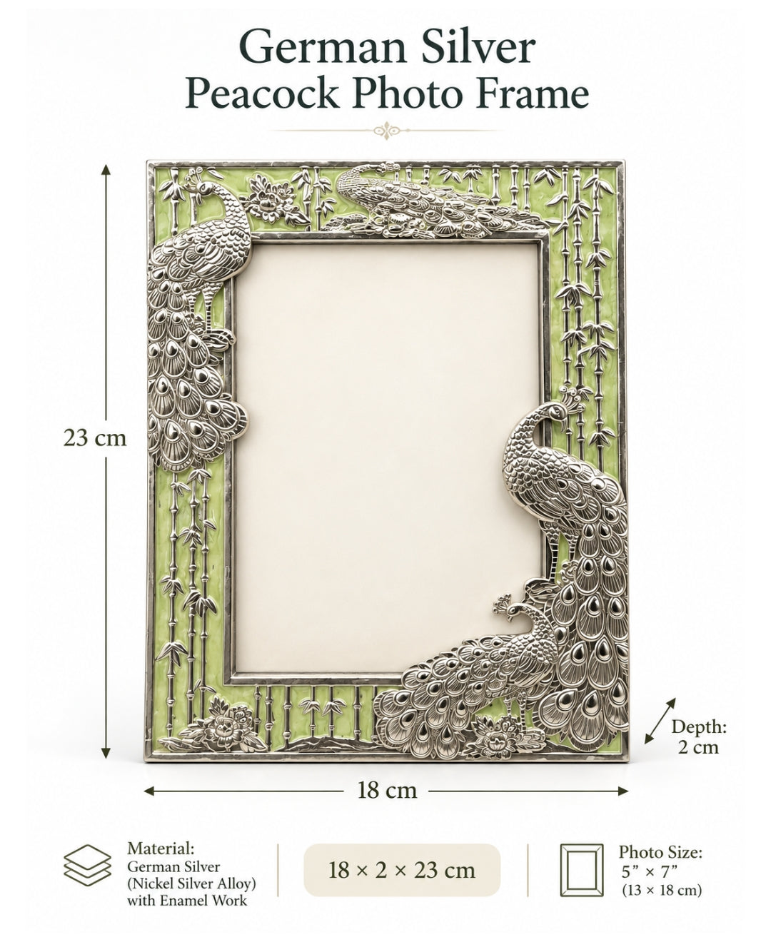 German Silver Peacock Photo Frame – Mint Green Enamel