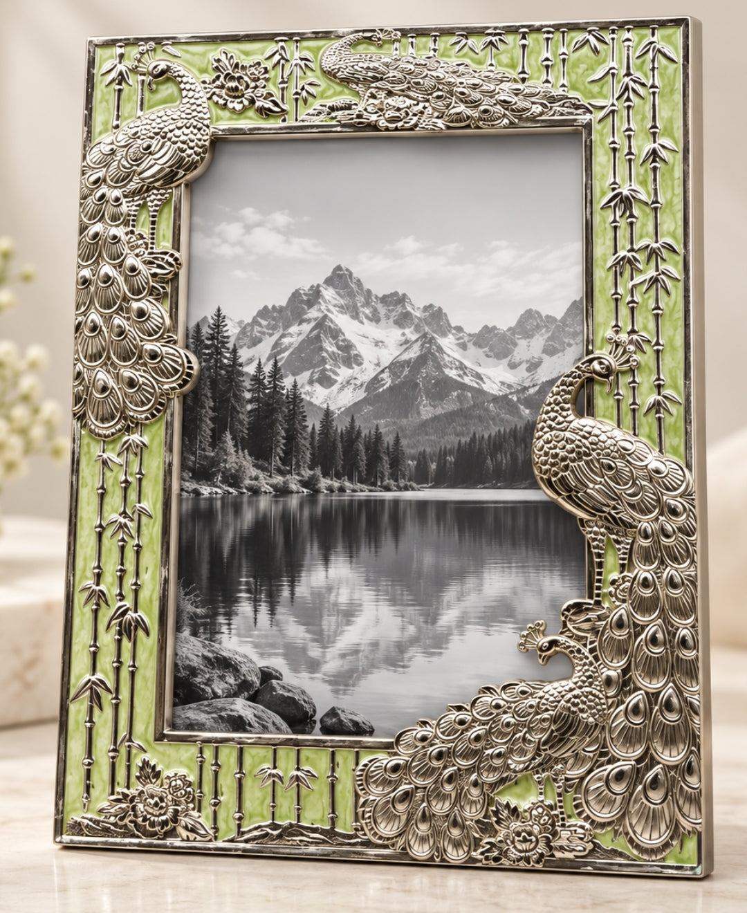 German Silver Peacock Photo Frame – Mint Green Enamel