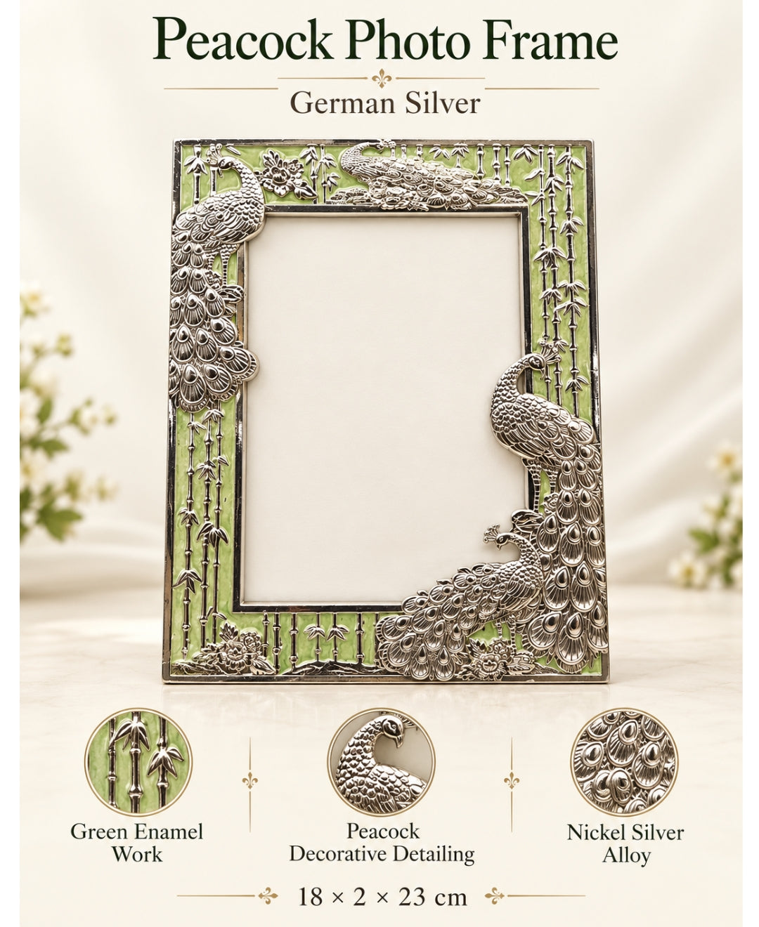 German Silver Peacock Photo Frame – Mint Green Enamel