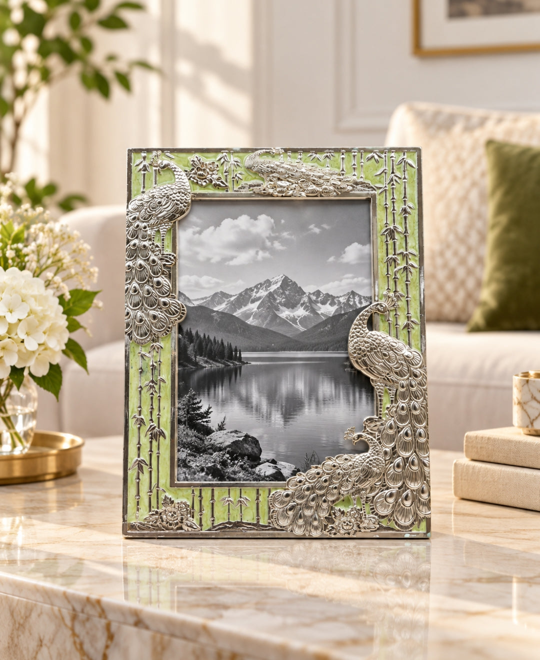 German Silver Peacock Photo Frame – Mint Green Enamel