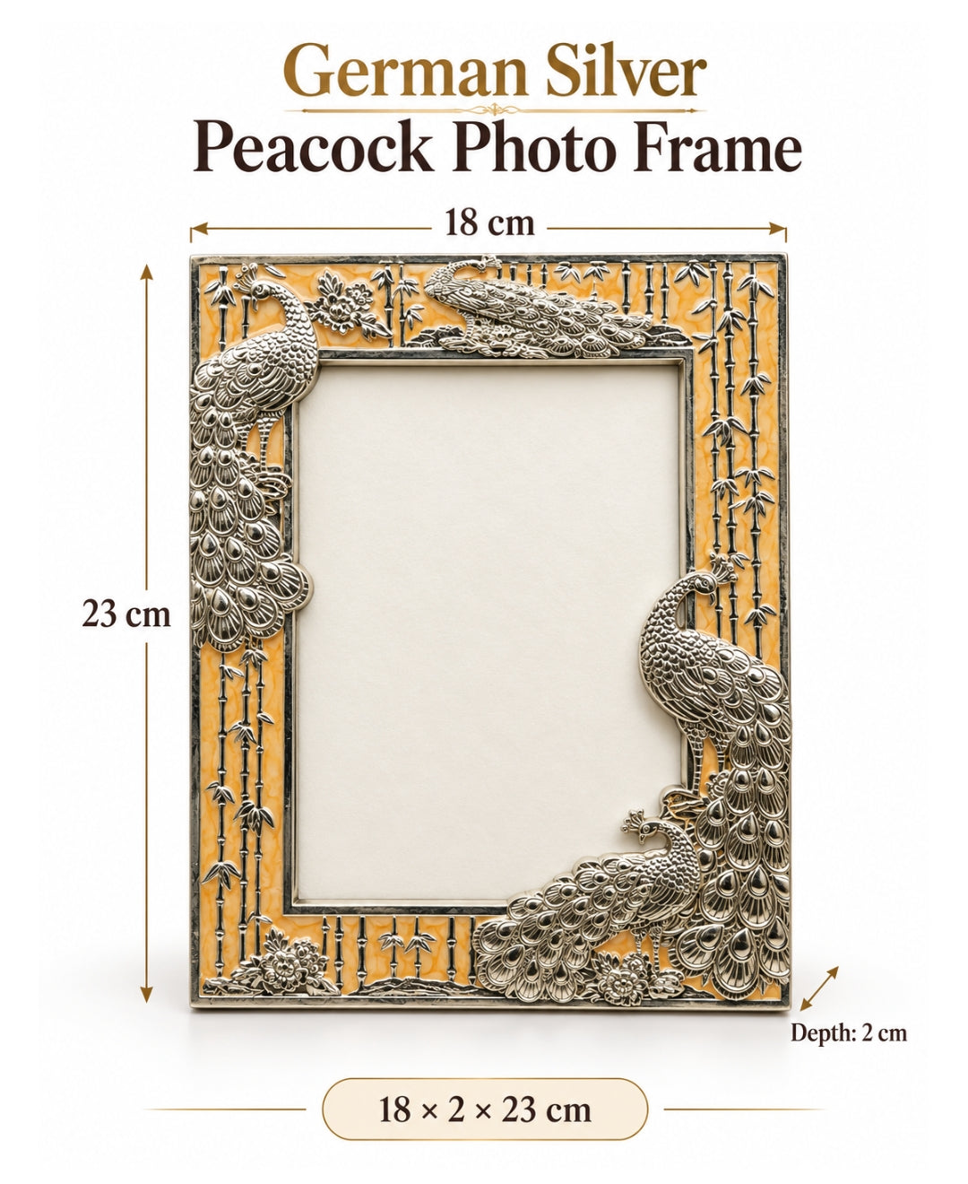 German Silver Peacock Photo Frame – Saffron Orange Enamel