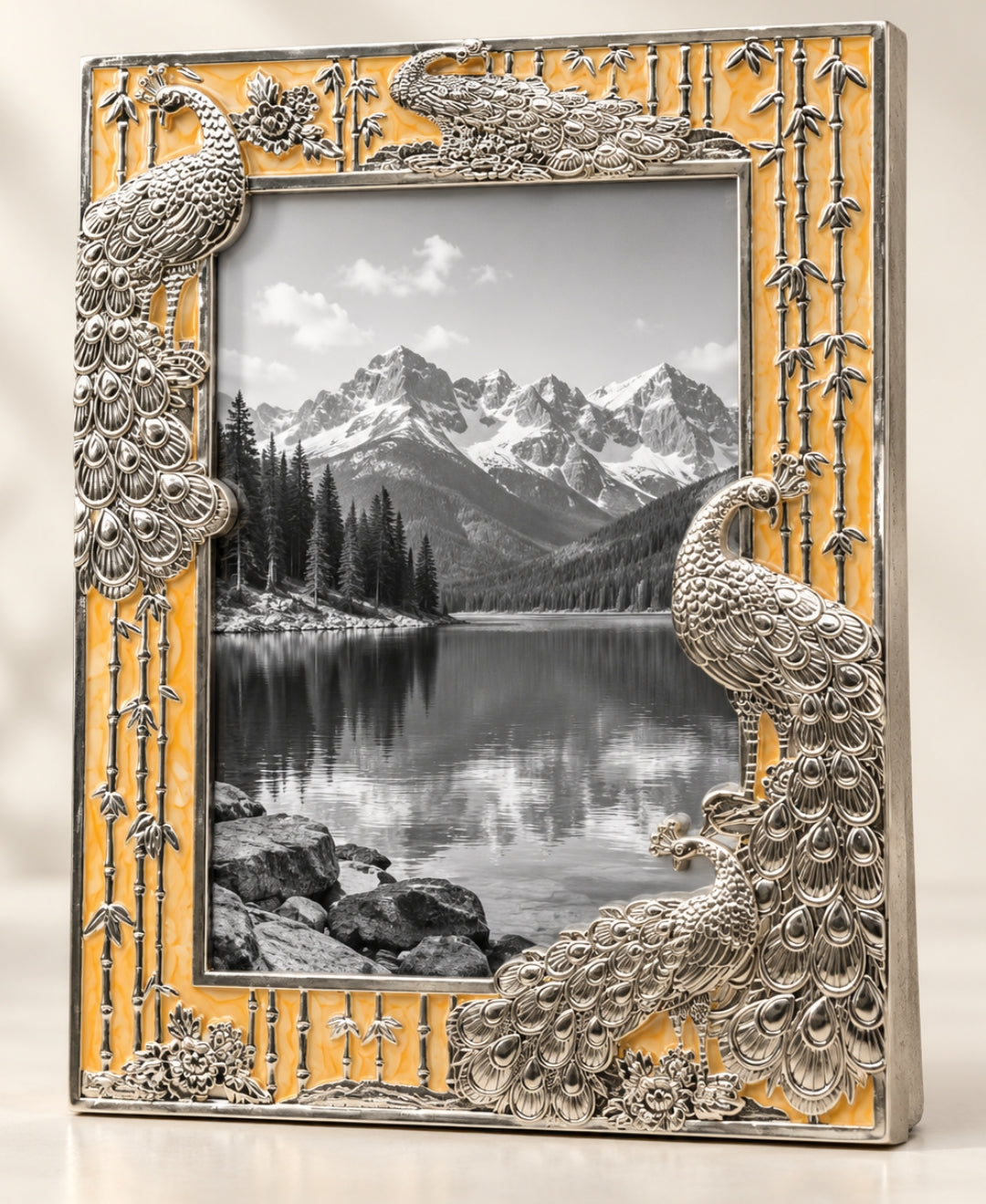 German Silver Peacock Photo Frame – Saffron Orange Enamel