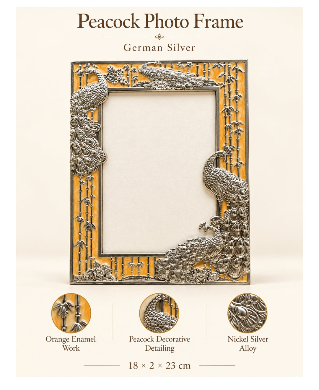 German Silver Peacock Photo Frame – Saffron Orange Enamel