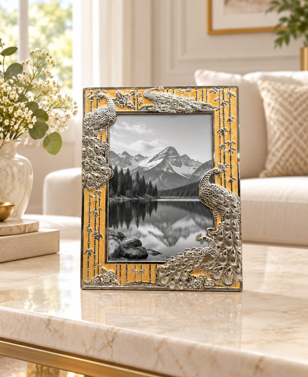German Silver Peacock Photo Frame – Saffron Orange Enamel
