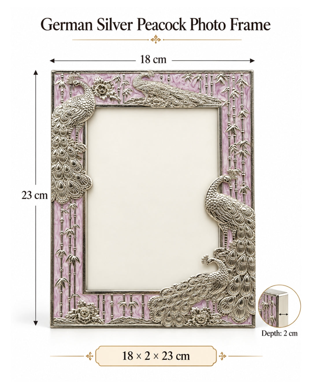 German Silver Peacock Photo Frame – Lilac Pink Enamel