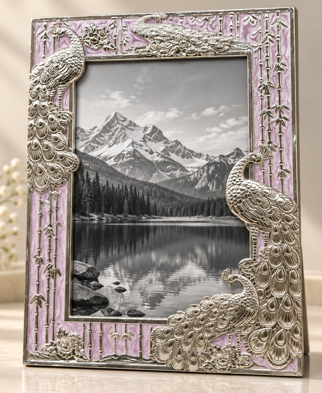 German Silver Peacock Photo Frame – Lilac Pink Enamel