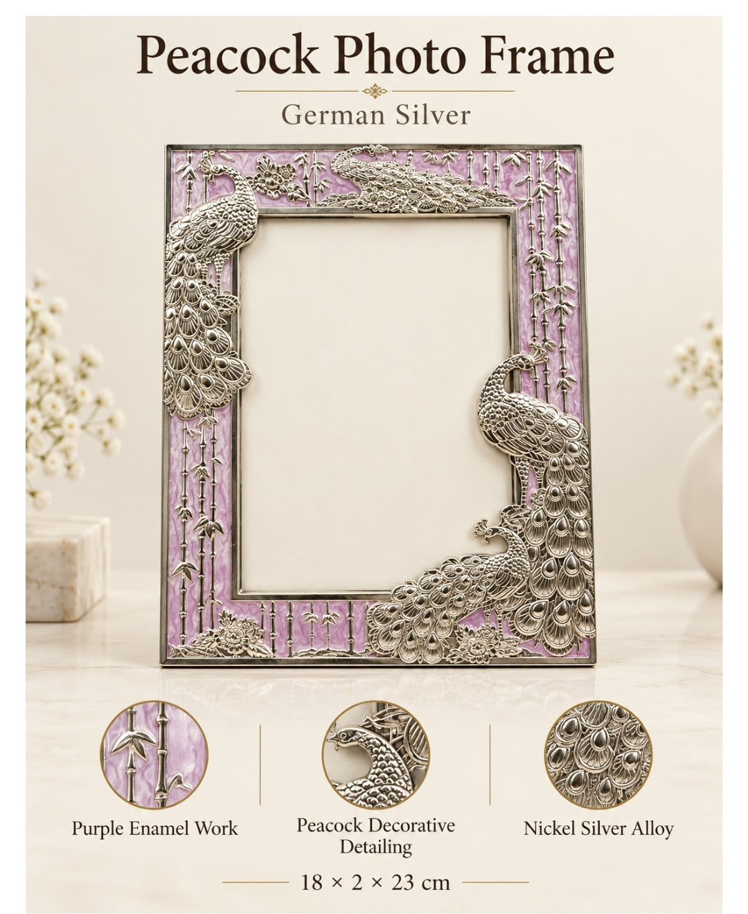 German Silver Peacock Photo Frame – Lilac Pink Enamel