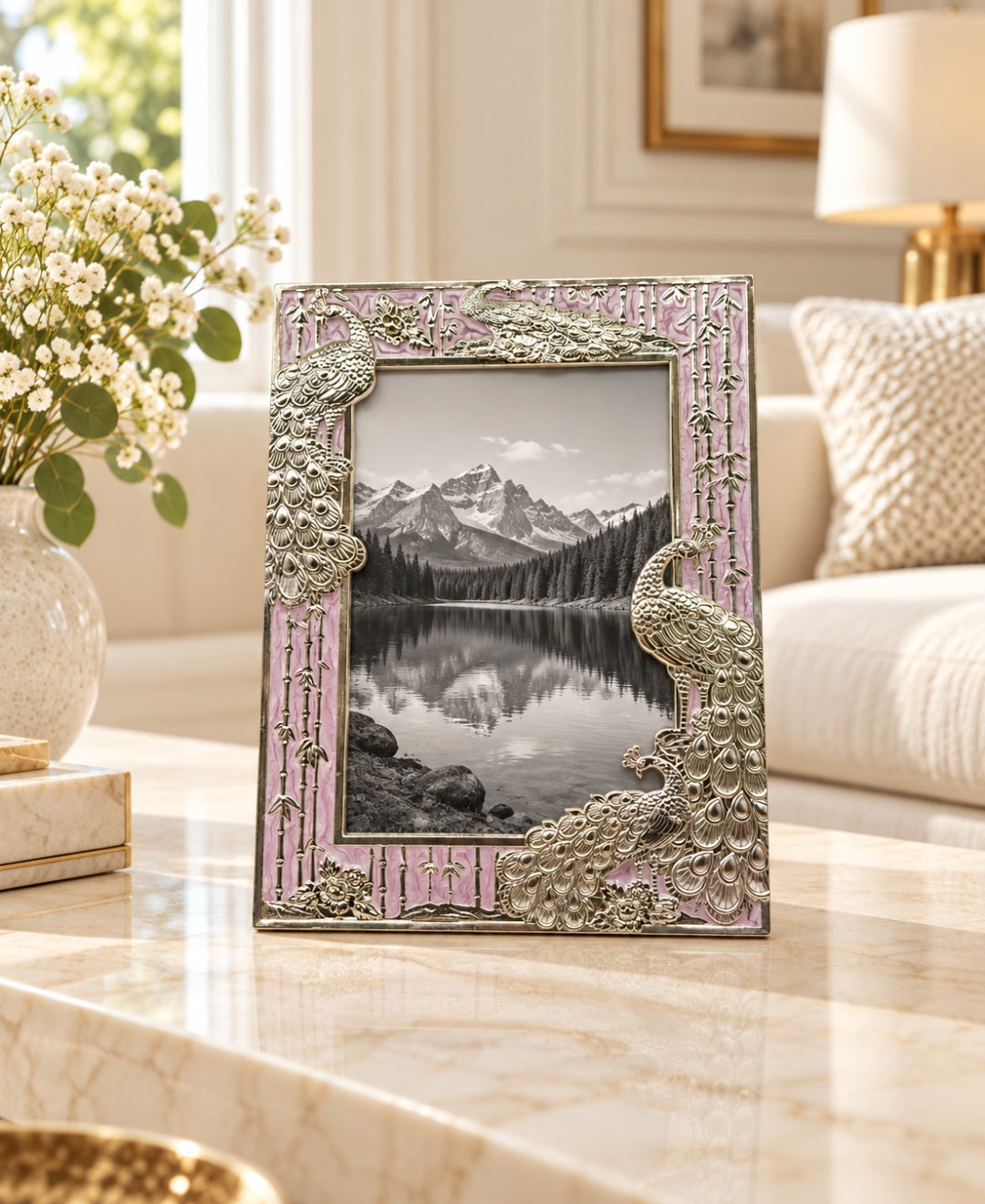 German Silver Peacock Photo Frame – Lilac Pink Enamel