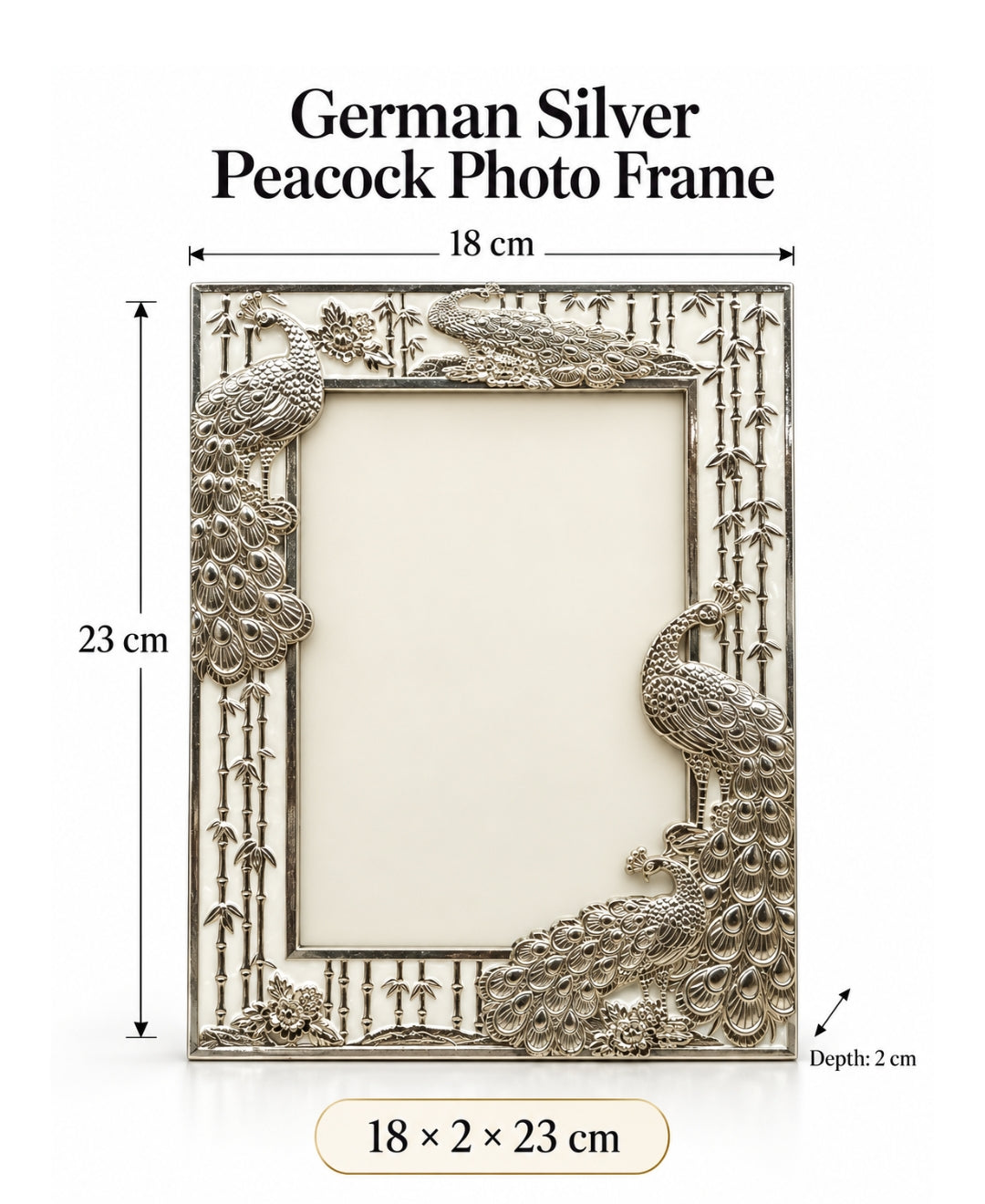 German Silver Peacock Photo Frame – Pearl White Enamel