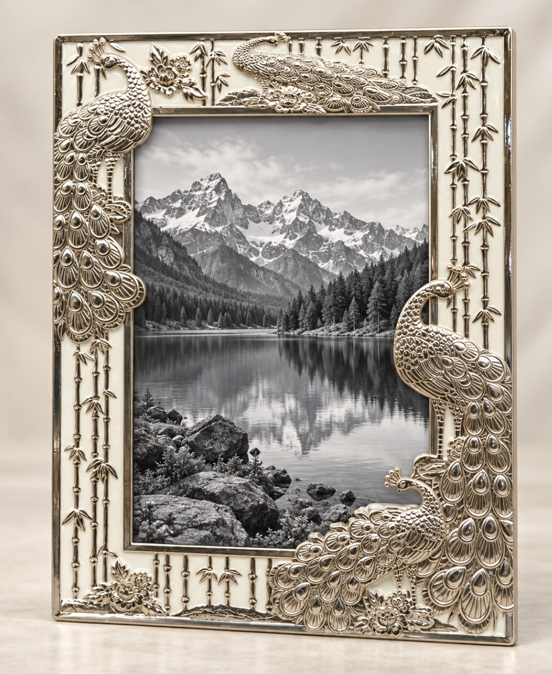 German Silver Peacock Photo Frame – Pearl White Enamel