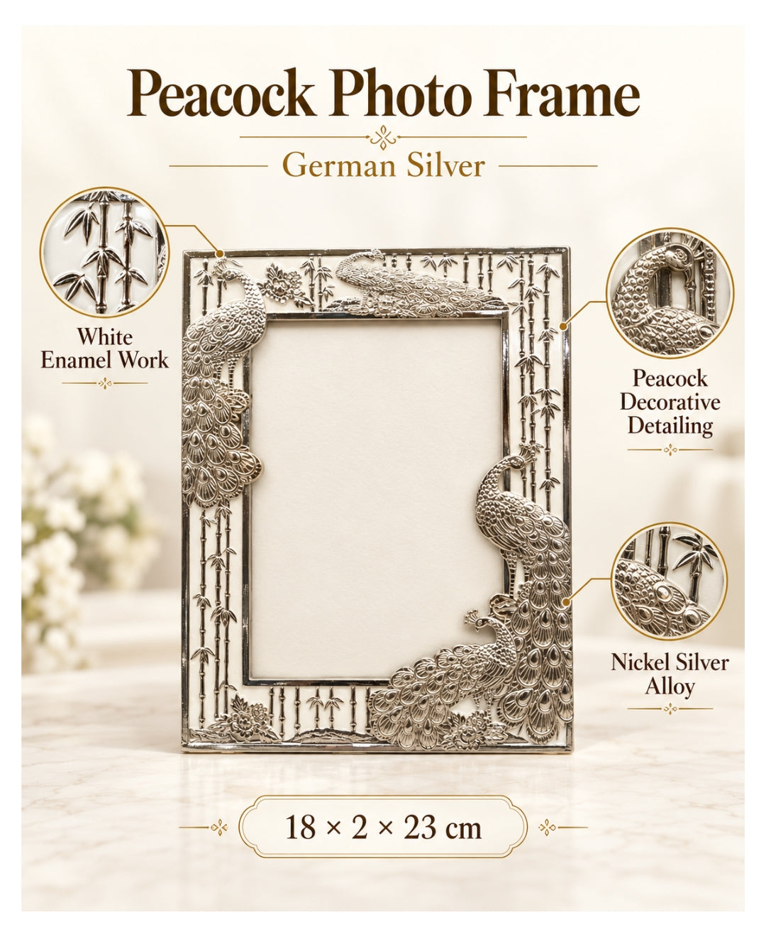 German Silver Peacock Photo Frame – Pearl White Enamel