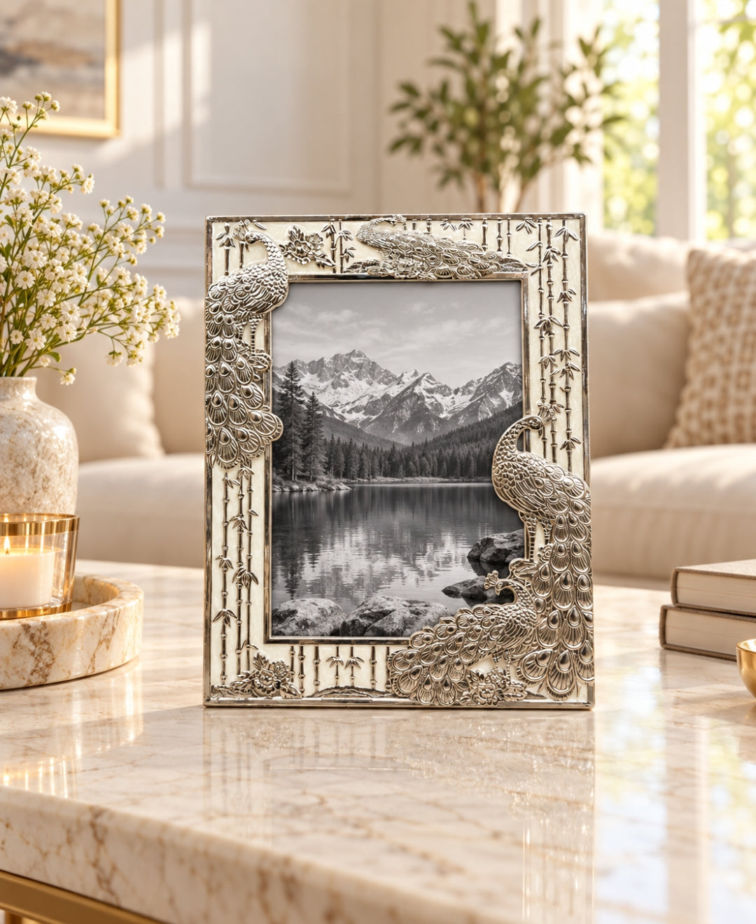 German Silver Peacock Photo Frame – Pearl White Enamel