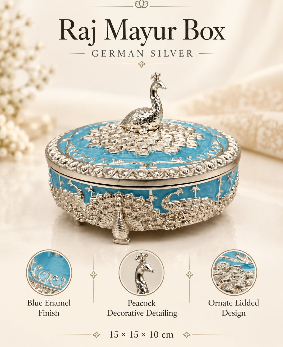 German Silver Raj Mayur Box – Turquoise Blue