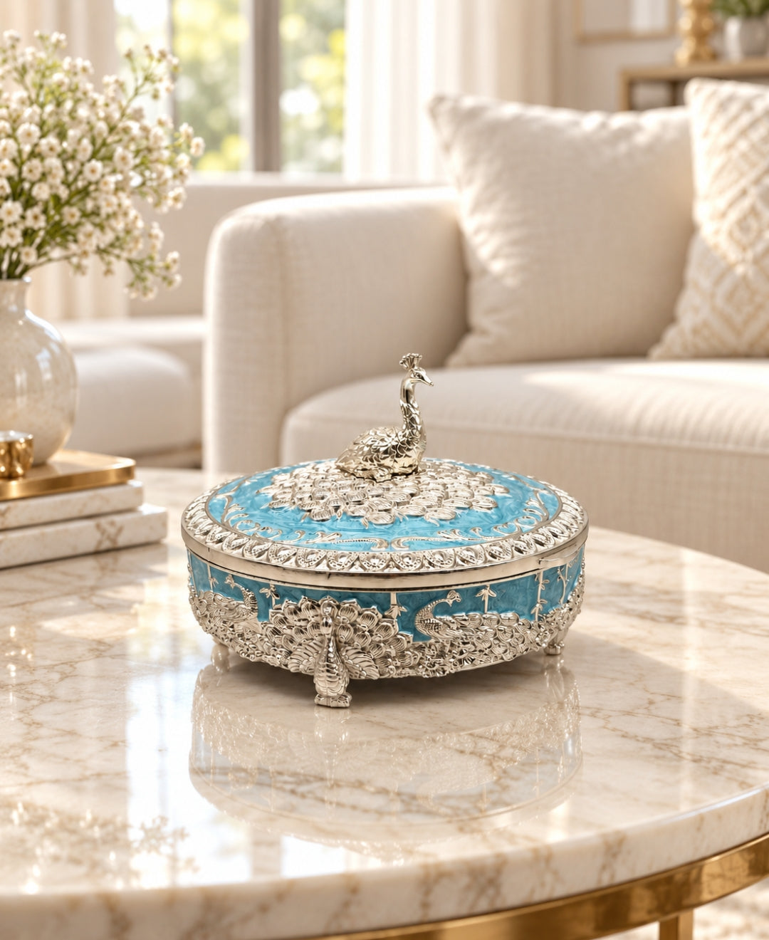German Silver Raj Mayur Box – Turquoise Blue