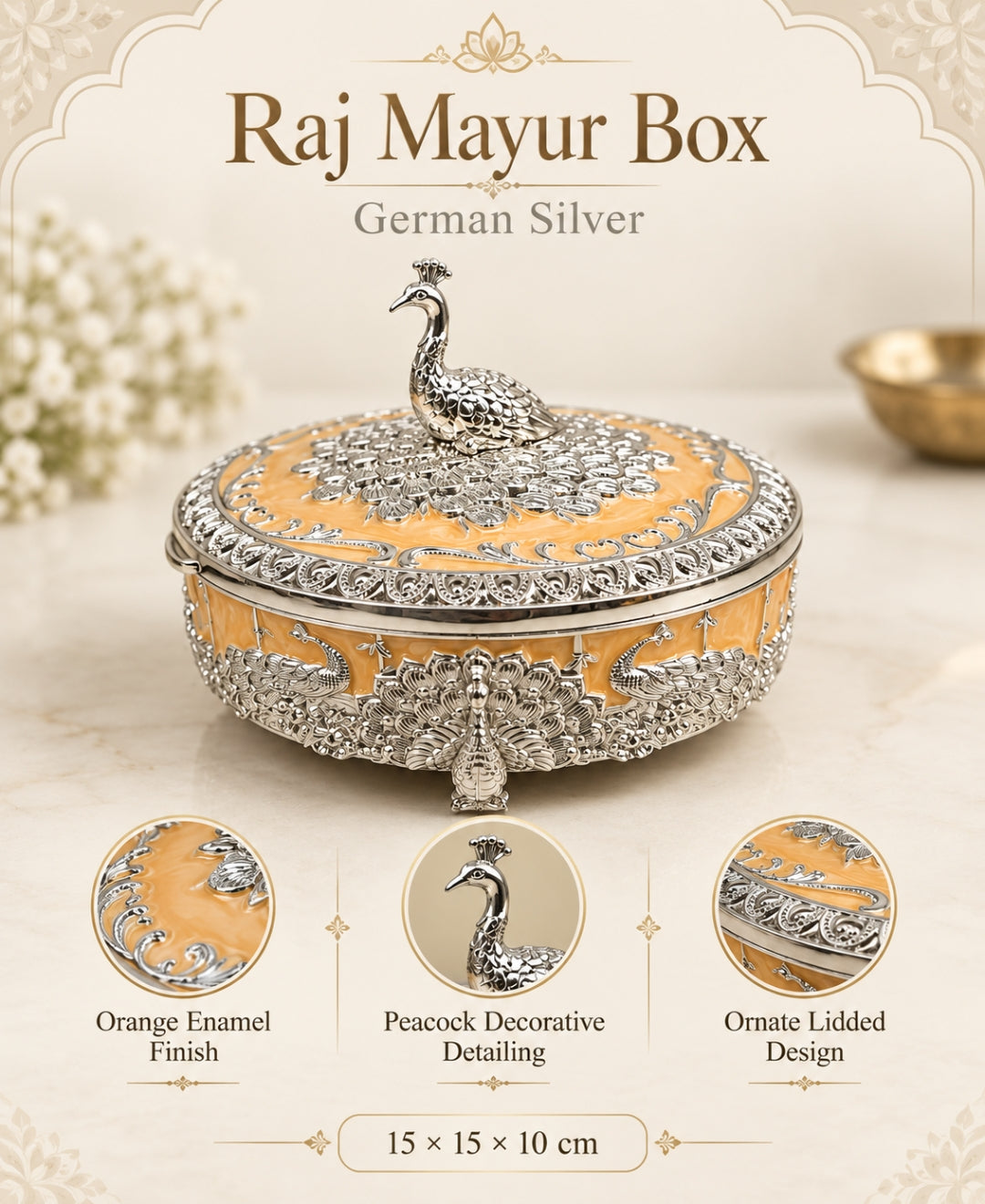 German Silver Raj Mayur Box – Saffron Orange