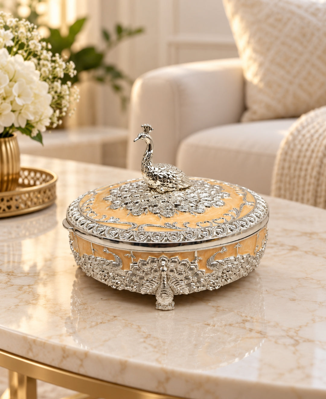 German Silver Raj Mayur Box – Saffron Orange
