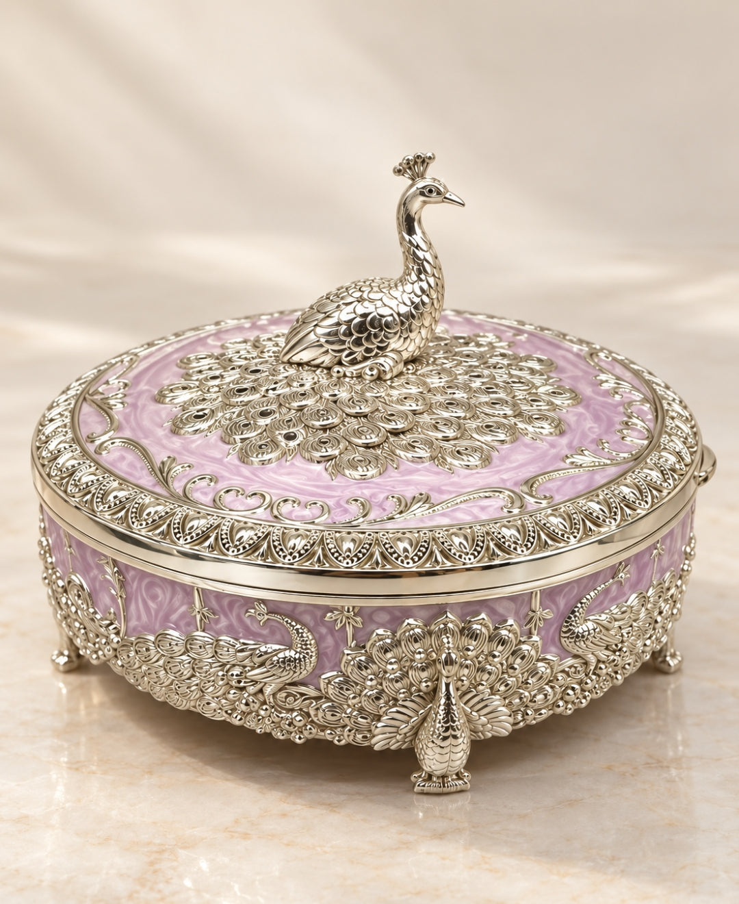 German Silver Raj Mayur Box – Lilac Pink
