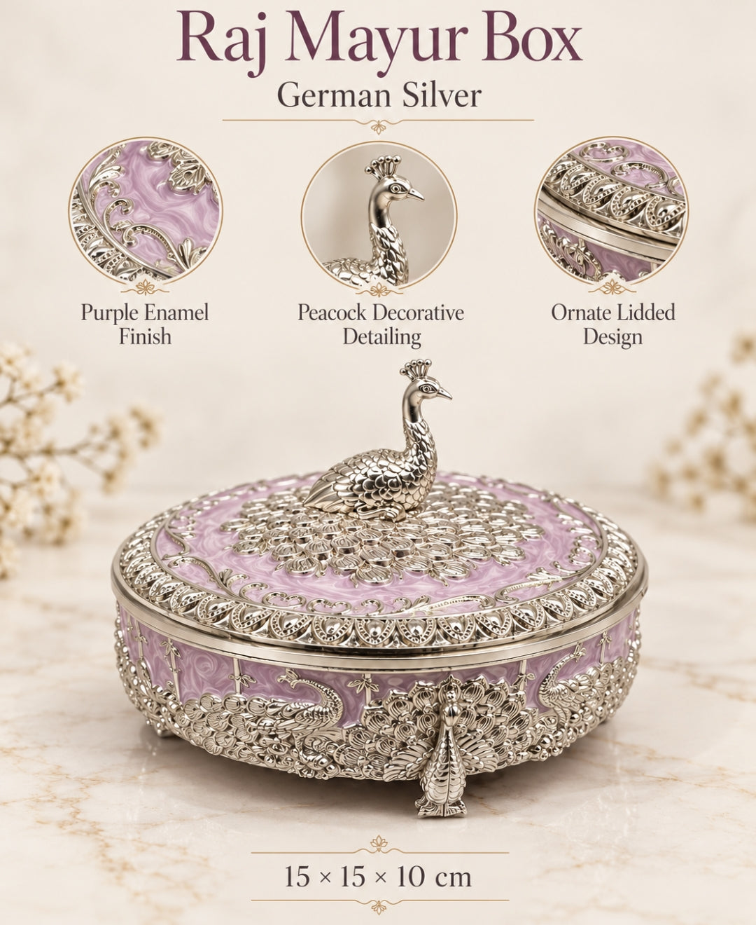 German Silver Raj Mayur Box – Lilac Pink