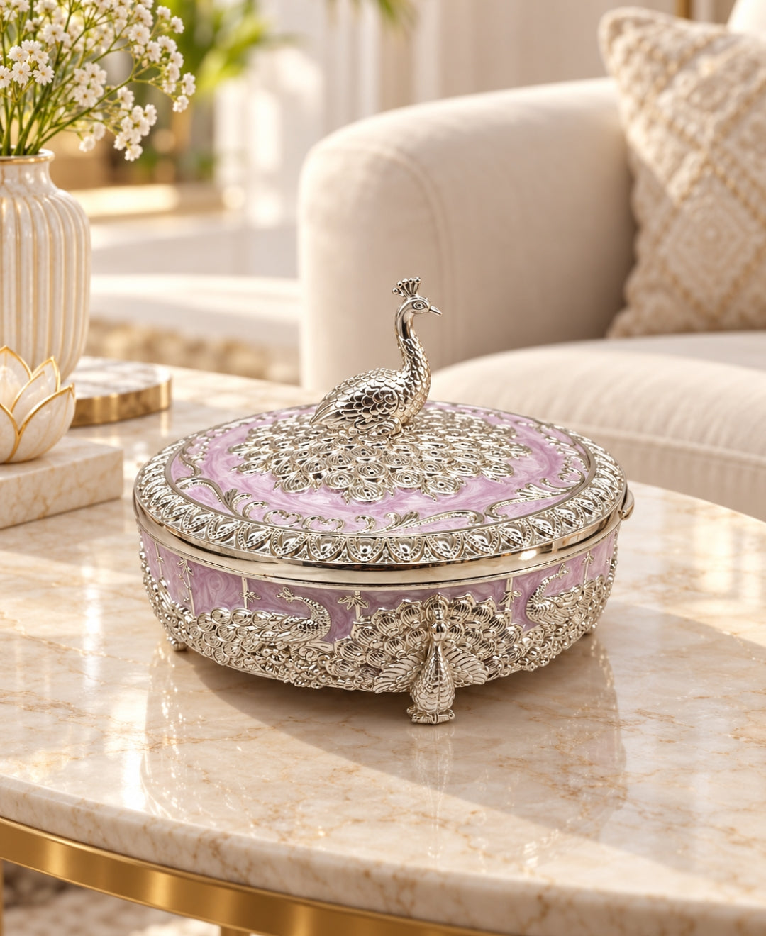 German Silver Raj Mayur Box – Lilac Pink