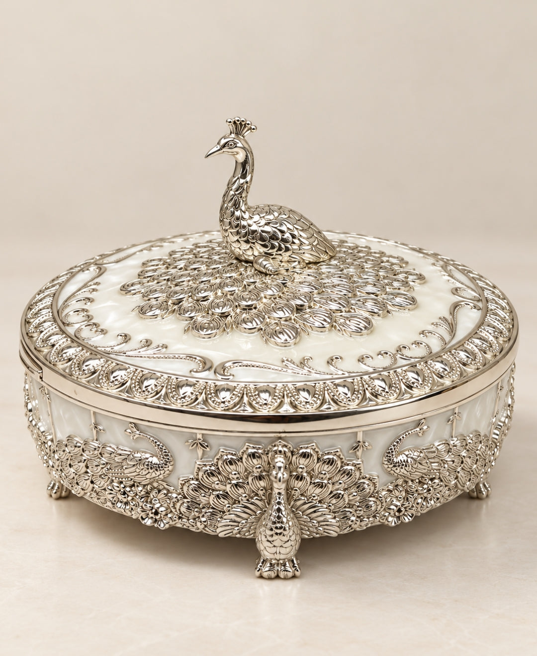 German Silver Raj Mayur Box – Pearl White