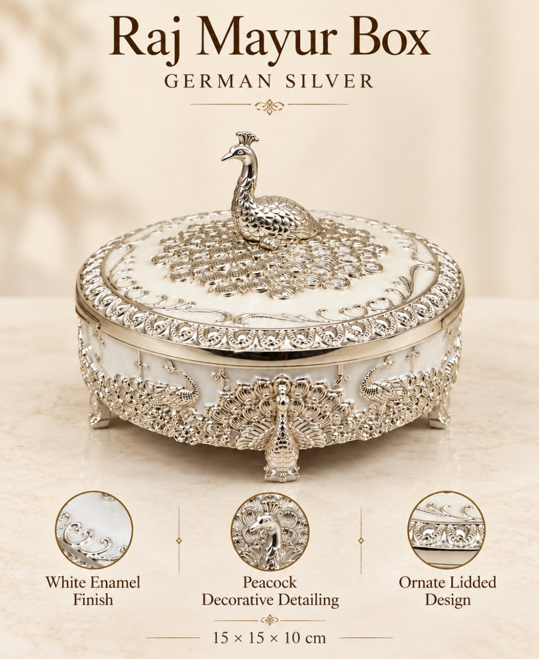 German Silver Raj Mayur Box – Pearl White