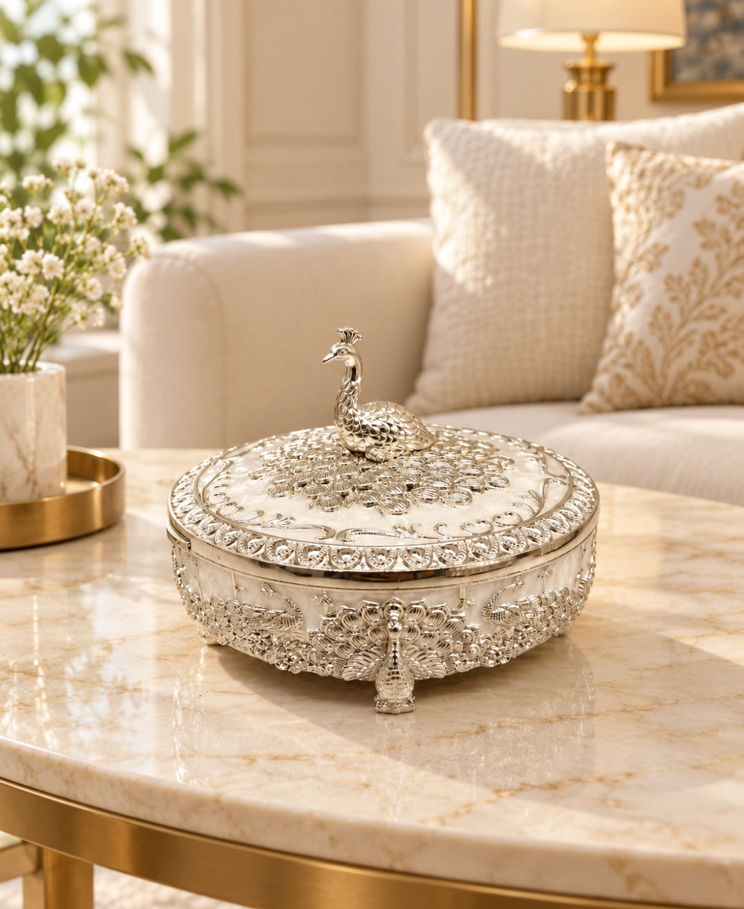 German Silver Raj Mayur Box – Pearl White