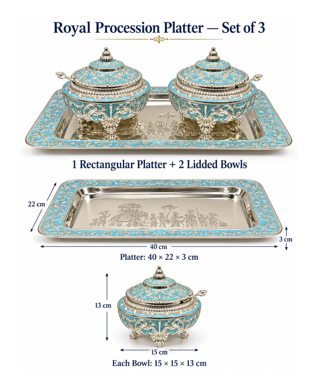 German Silver Royal Procession Platter (Set of 3) – Sky Blue Enamel Rectangular Tray with 2 Lidded Gumbad Bowls