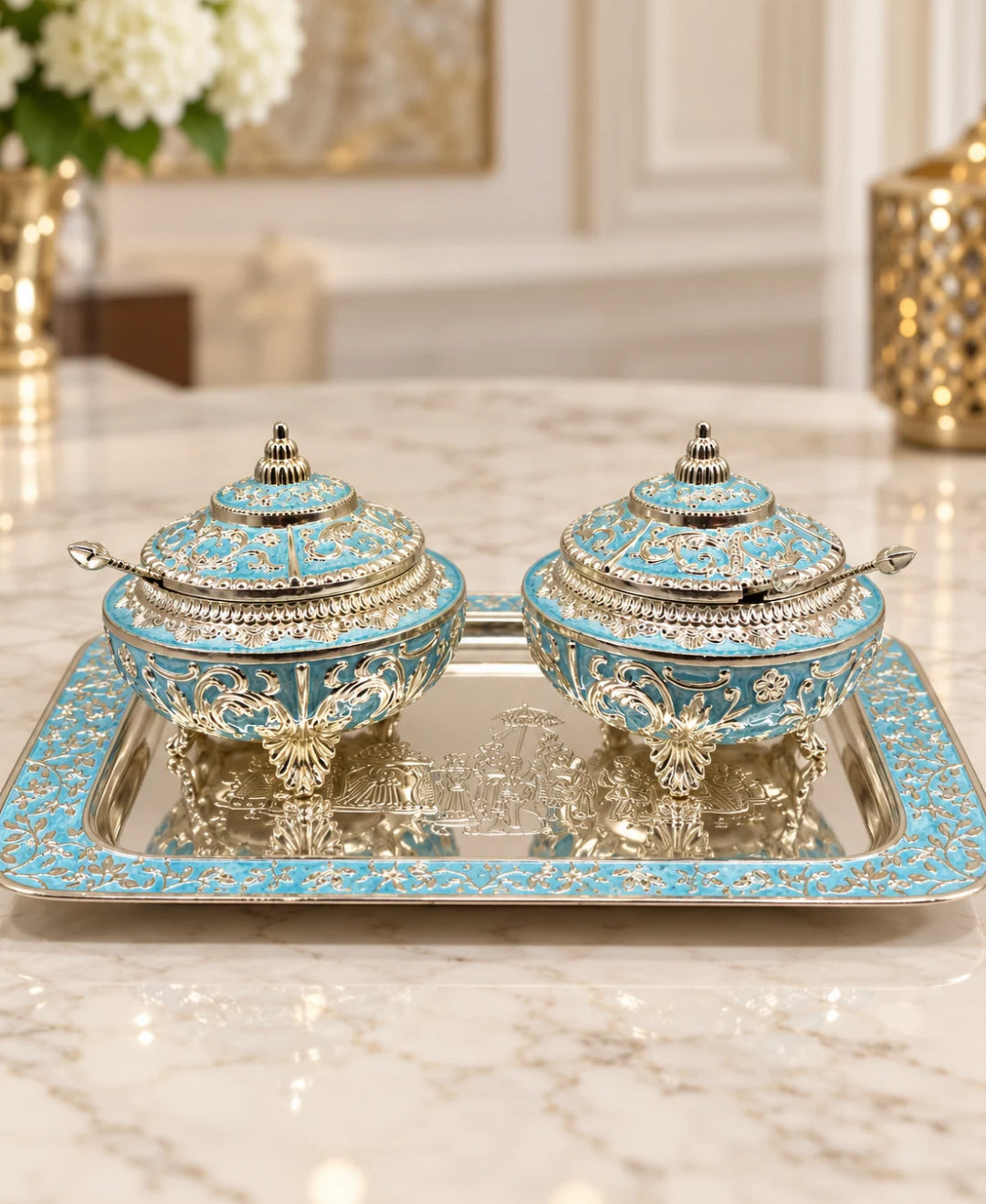 German Silver Royal Procession Platter (Set of 3) – Sky Blue Enamel Rectangular Tray with 2 Lidded Gumbad Bowls